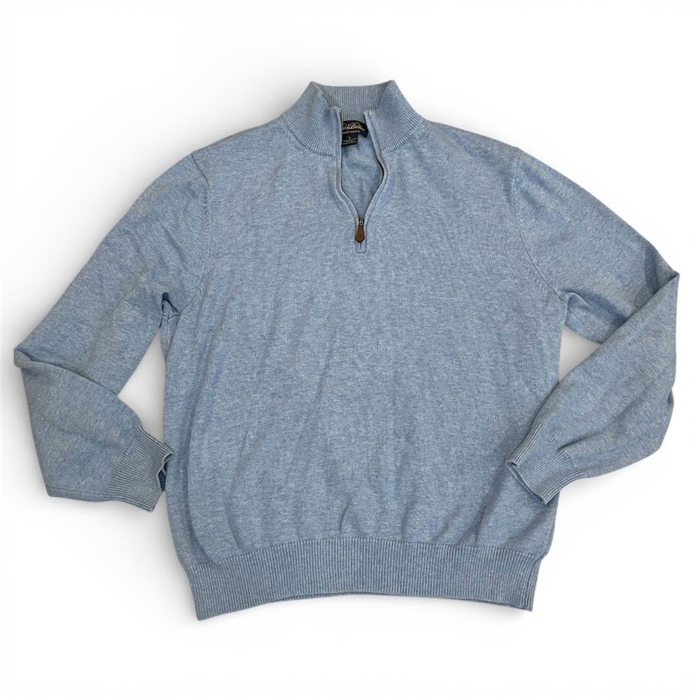 Brooks Brothers Mens 100% Supima Cotton Mock Neck Sweater Zip Size Large Blue